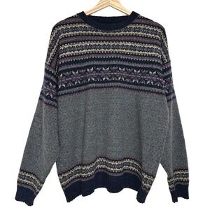 Vintage Pendleton Wool Fair‎ Isle Crew Neck Sweater Gray Navy Blue L